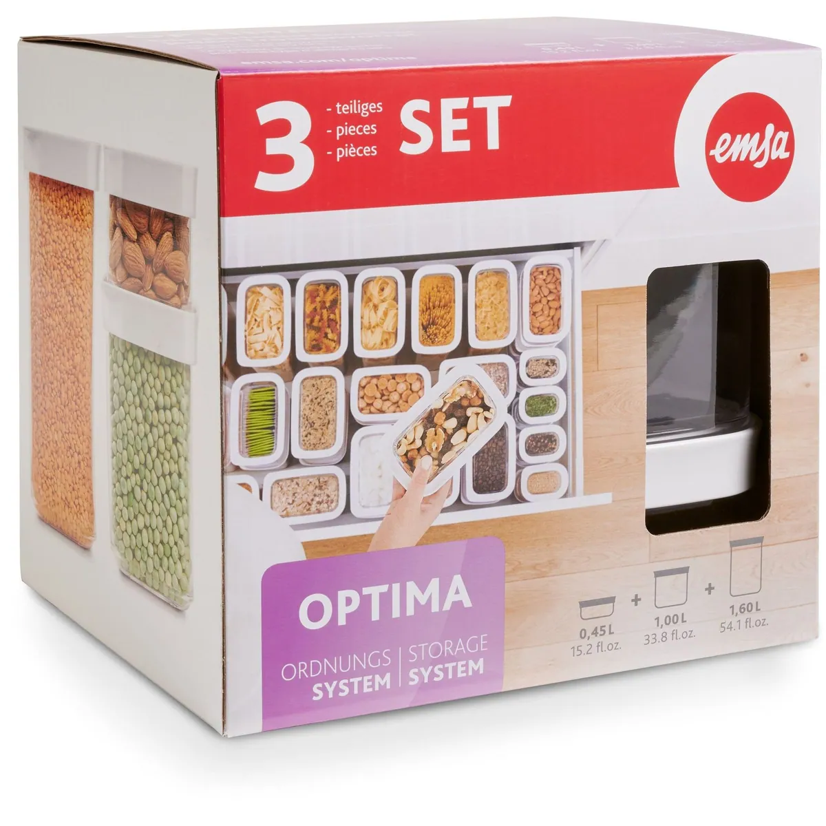 Emsa Optima Vorratsdose, 3-teiliges Set, hygienisch, platzsparend, rechteckig 2