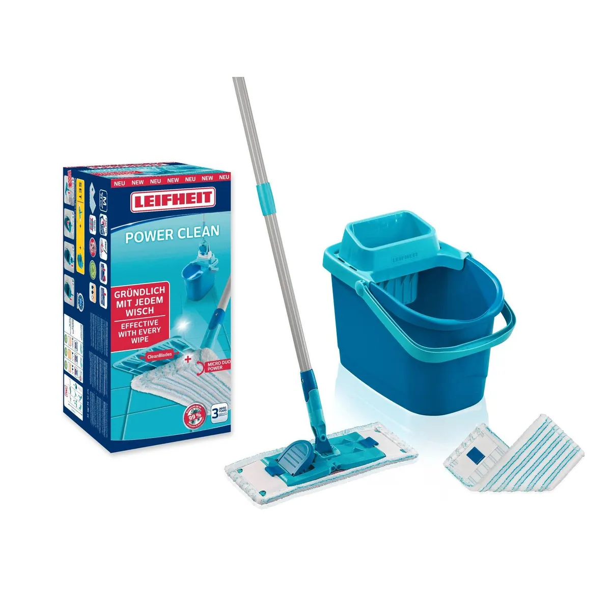 Leifheit POWER CLEAN Wischmopp Set, 360° Gelenk, Waschbar bis 60°C, 33cm Wischbreite