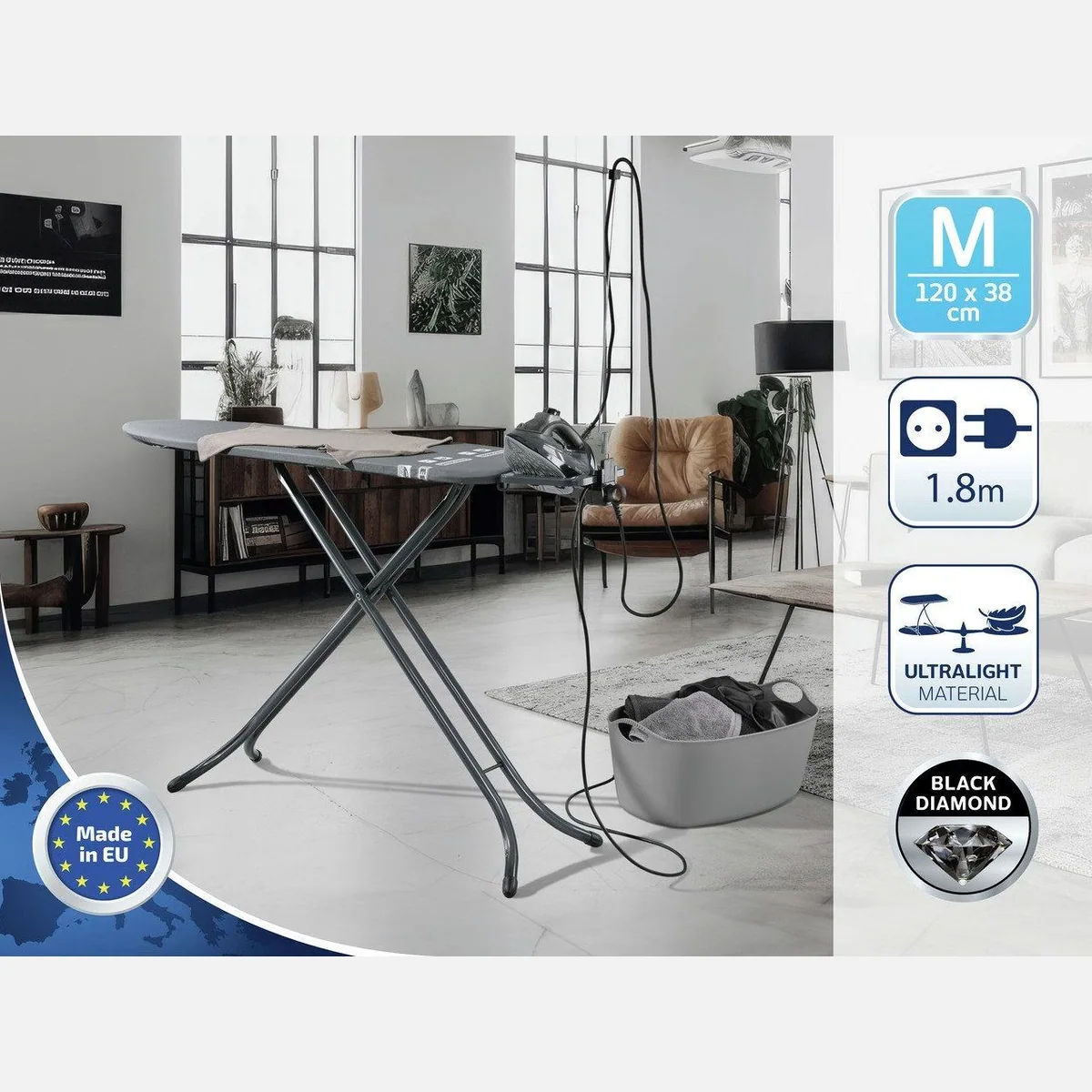 Leifheit Bügeltisch Air Board M Black Plus, ultraleichte Bügelfläche, Thermo-Reflect-Technologie, höhenverstellbar 2