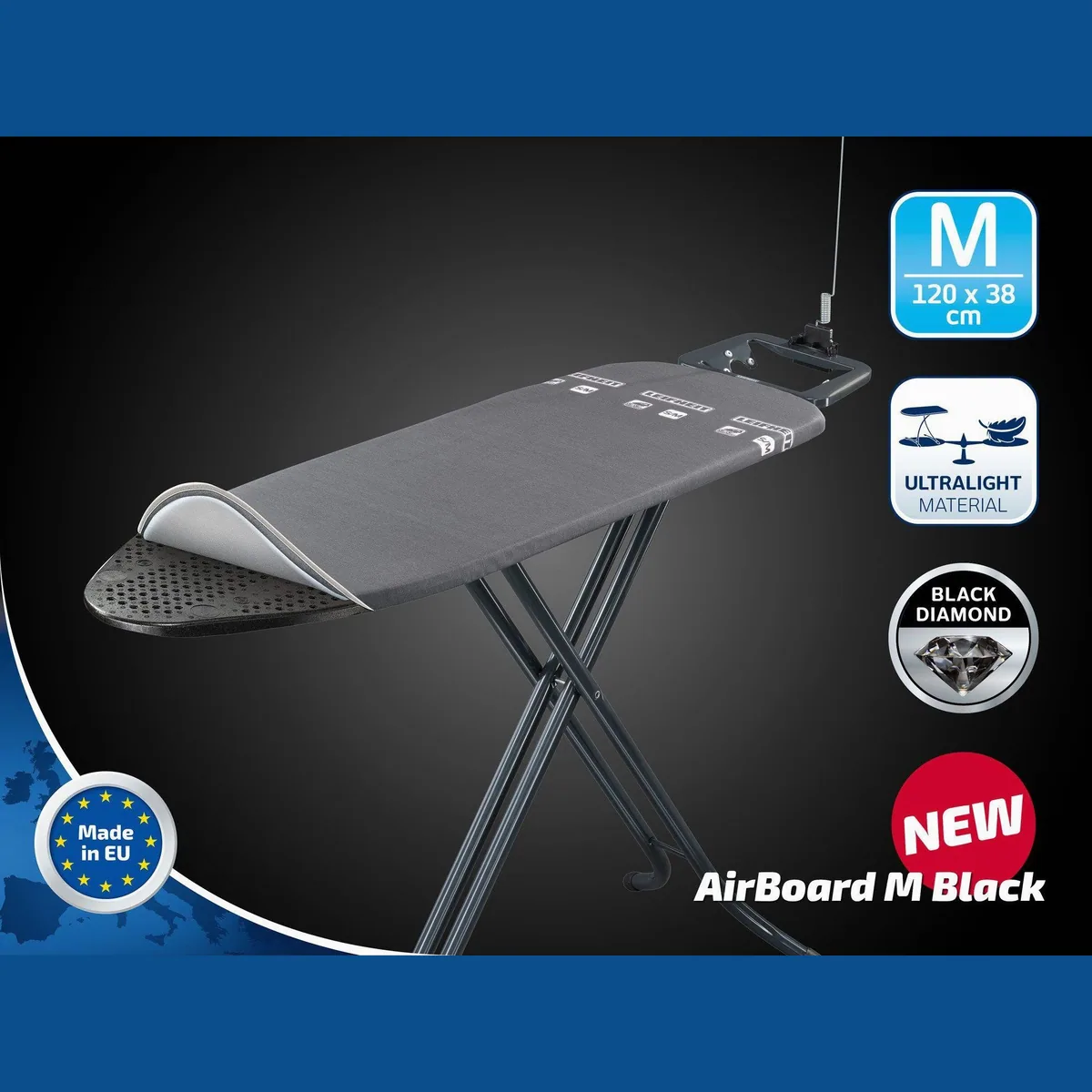 Leifheit Air Board M Black Bügeltisch, innovativer Zwei-Seiten-Bügeleffekt, höhenverstellbar von 78 bis 98 cm 2