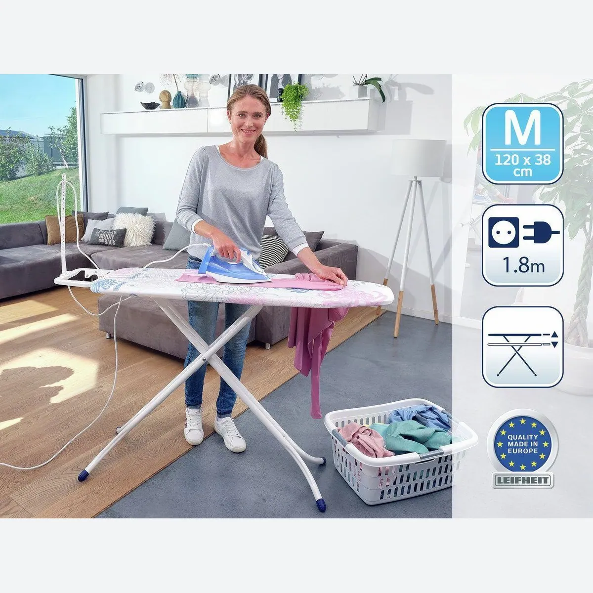 Leifheit Bügelbrett Classic M Compact Plus, stabile Konstruktion, höhenverstellbar, praktische Steckdose 2