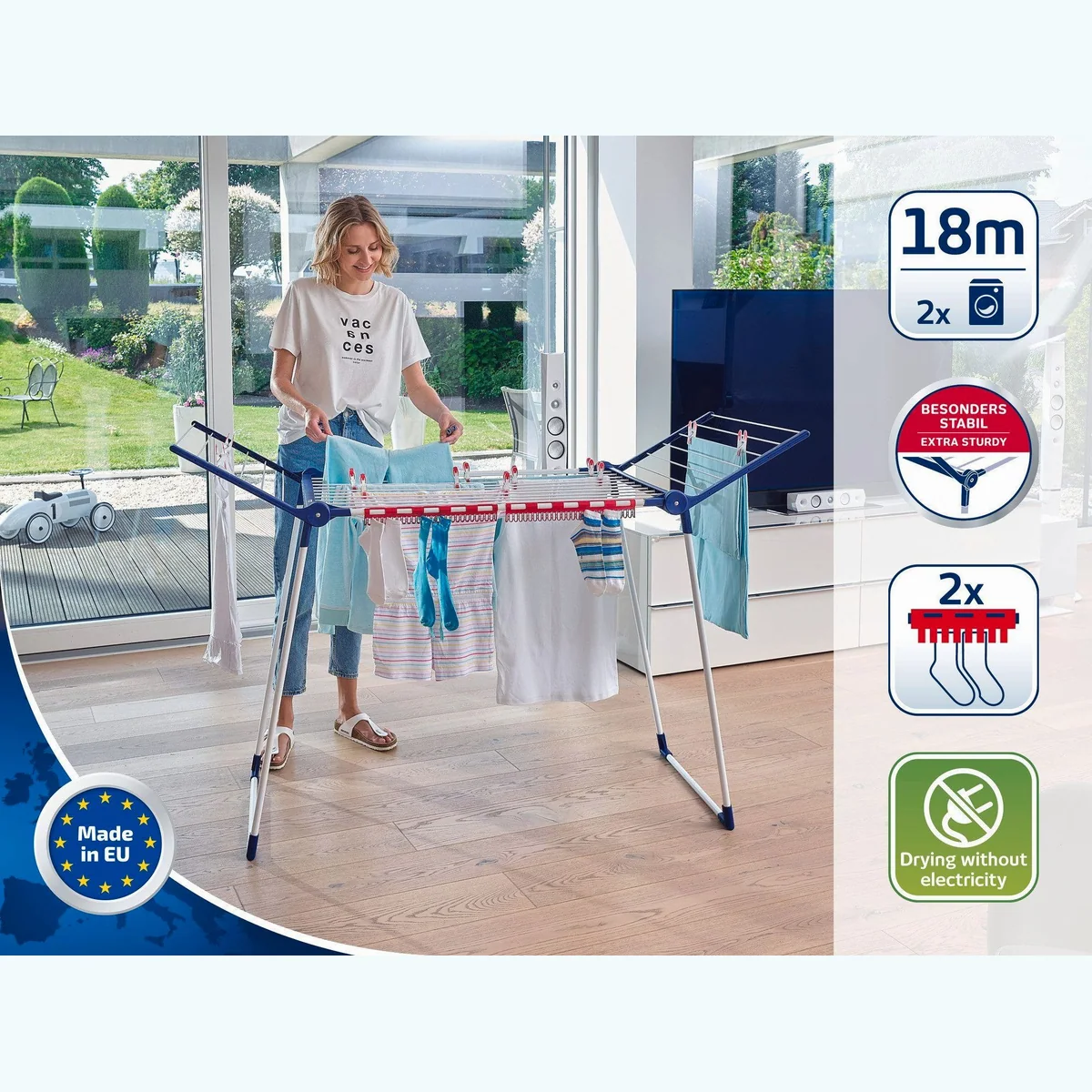 Leifheit Pegasus 180 Solid Wäscheständer, 18m Trockenlänge, stabiler Stand, praktische Kleinteilehalter 3