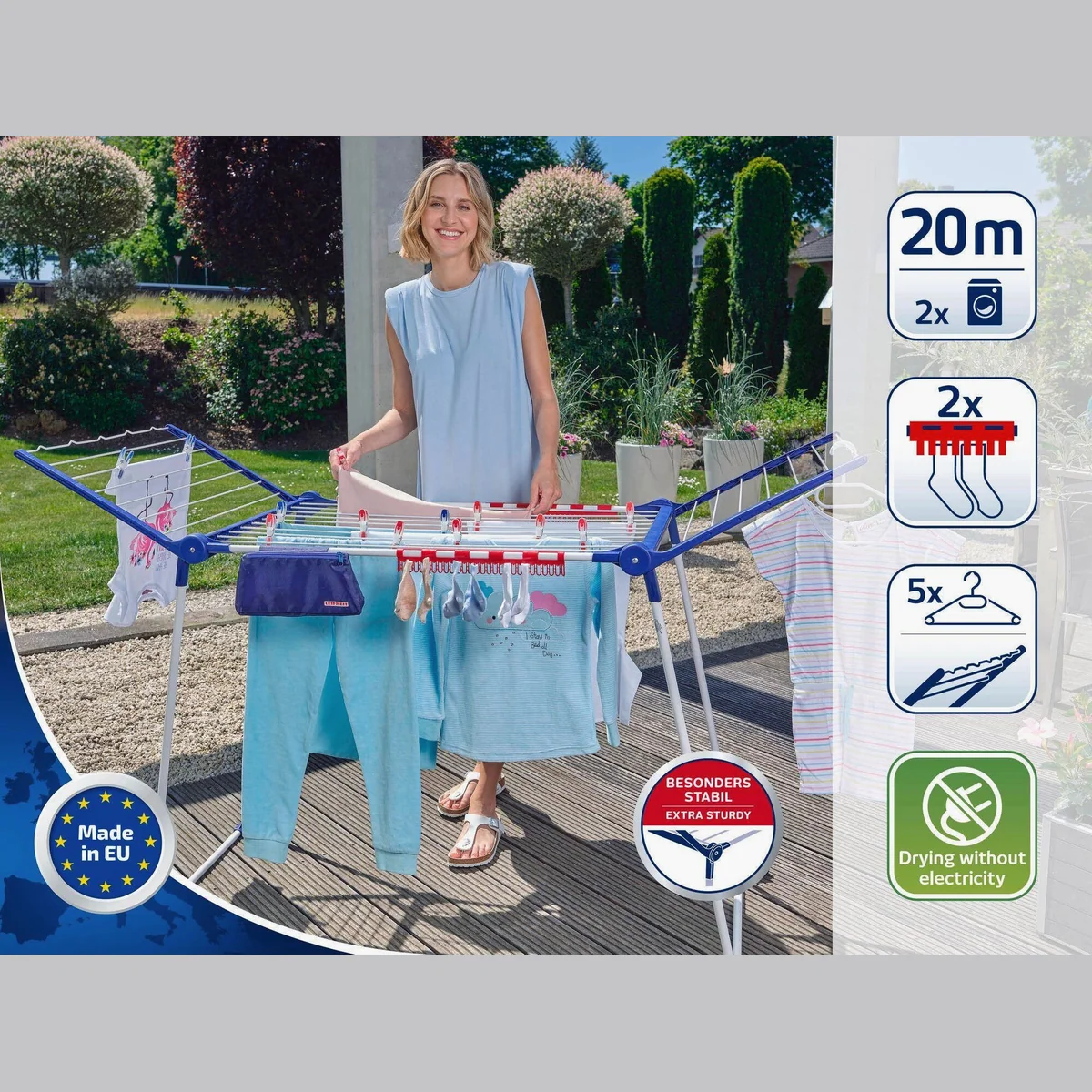 Leifheit Pegasus 200 Solid Comfort Wäscheständer, 20m Trockenlänge, 107cm Flügelhöhe, praktischer Kleinteilehalter 2