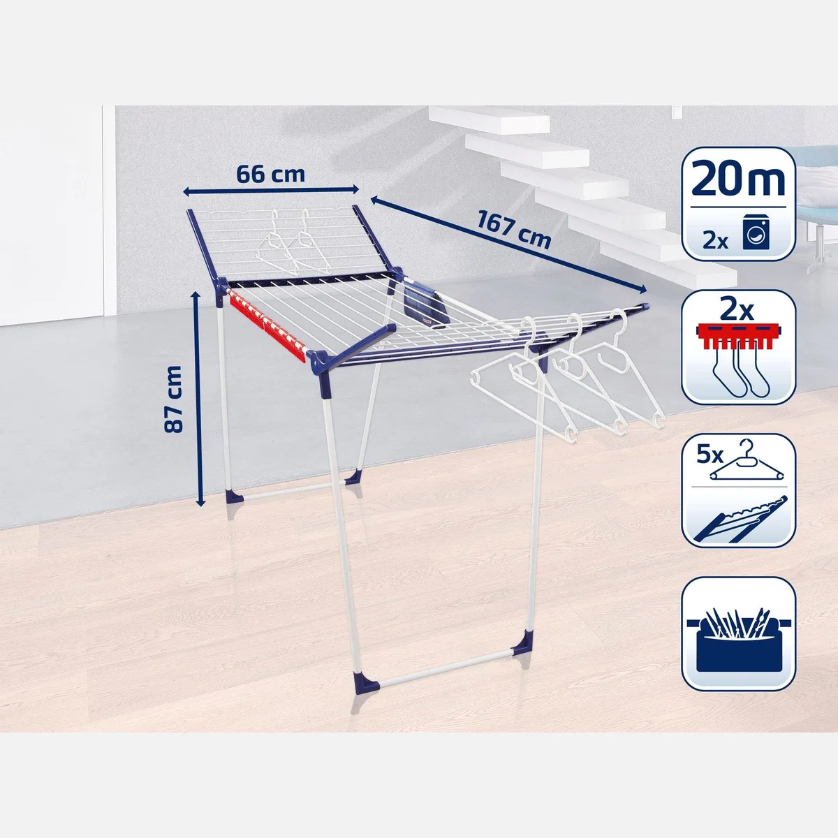 Leifheit Pegasus 200 Solid Comfort Wäscheständer, 20m Trockenlänge, 107cm Flügelhöhe, praktischer Kleinteilehalter 5