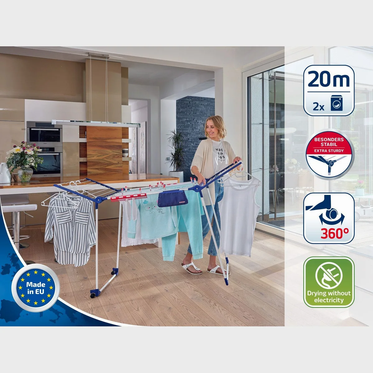 Leifheit Pegasus 200 Solid Deluxe Mobile, 20m Trockenlänge, mobil mit Rollen, Kleinteilehalter 2