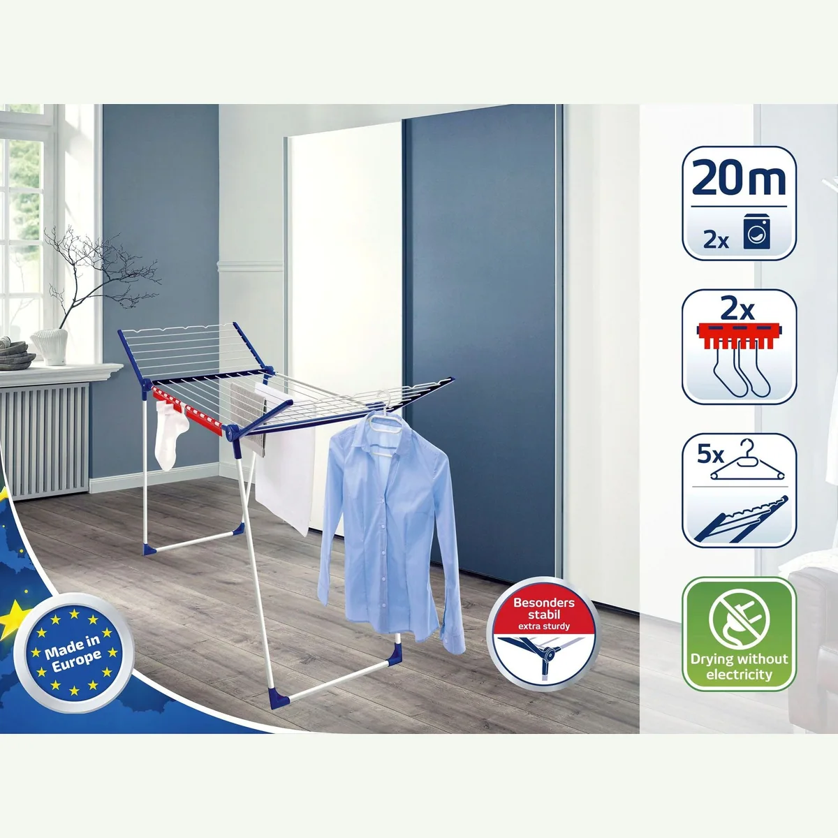 Leifheit Wäscheständer Pegasus 200 Solid, stabil, platzsparend, inkl. Kleinteilehalter 3