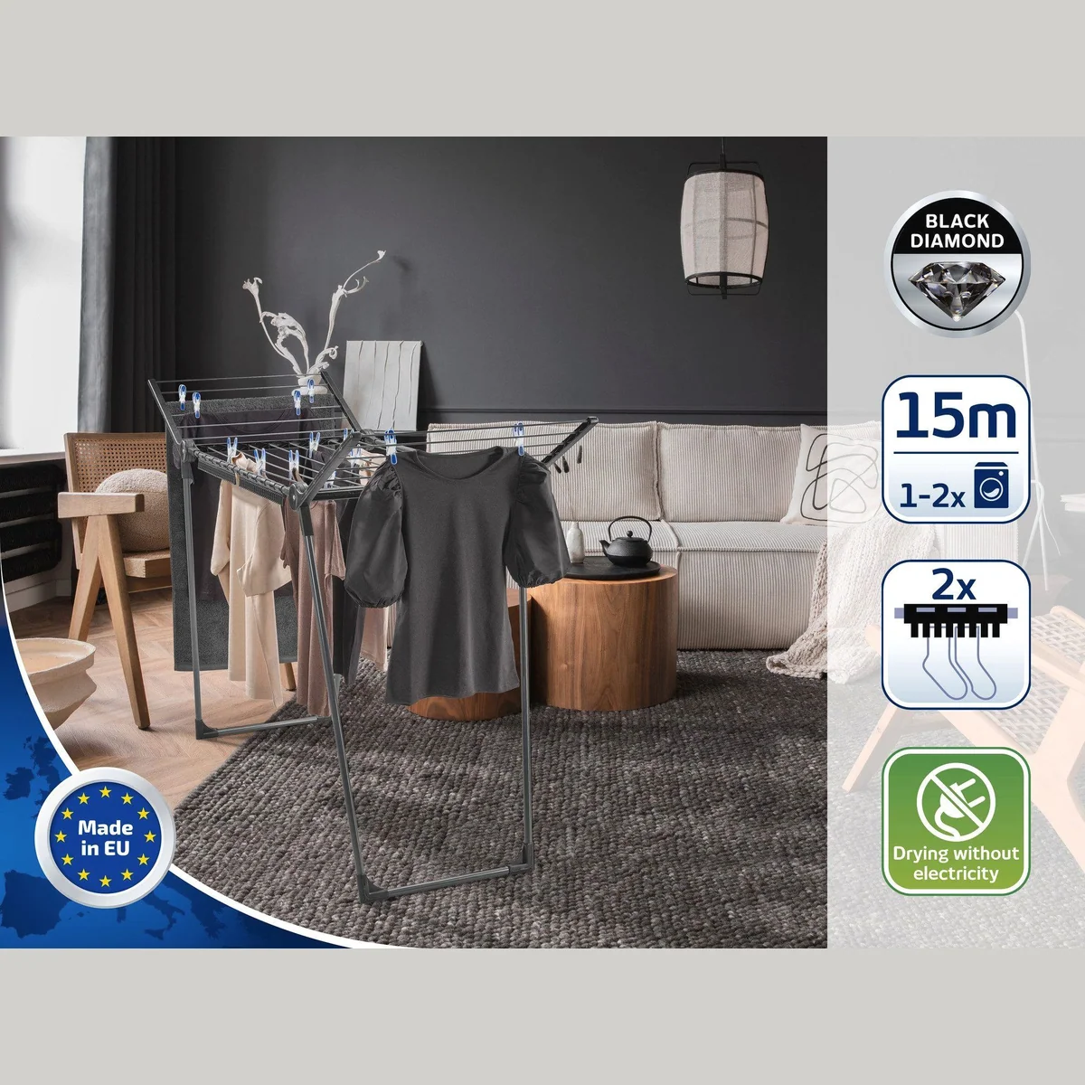 Leifheit Pegasus 150 Solid Slim Black, 15m Trockenlänge, schmal & stabil 2