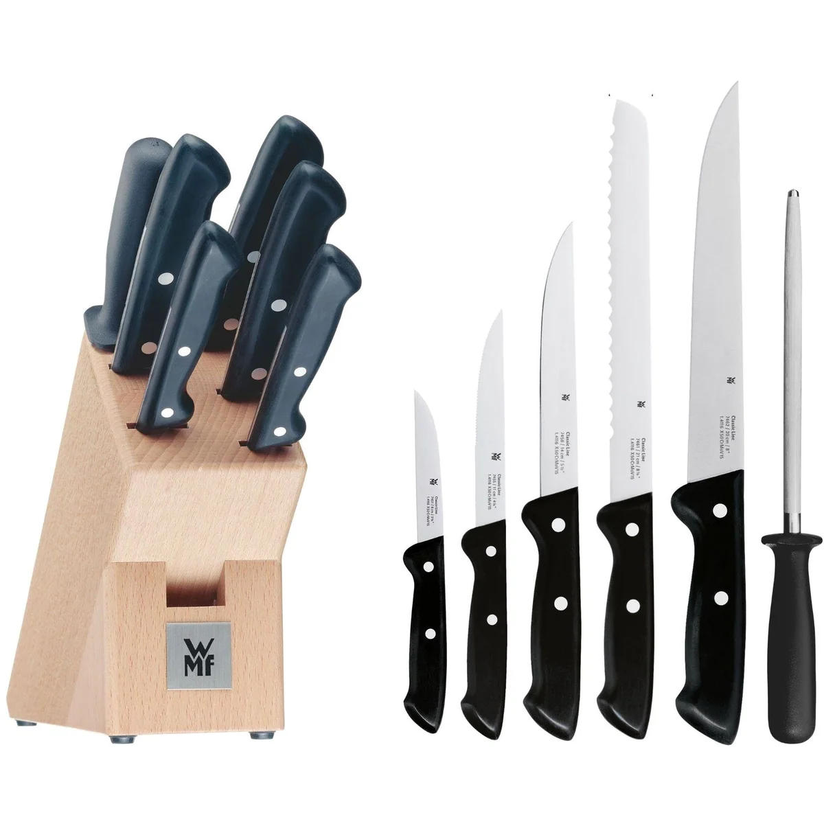 WMF Classic Line Messerblock, 7-teilig, Spezialklingenstahl — praktische Aufbewahrung, Vielfalt in der Küche, scharfe Klingen
