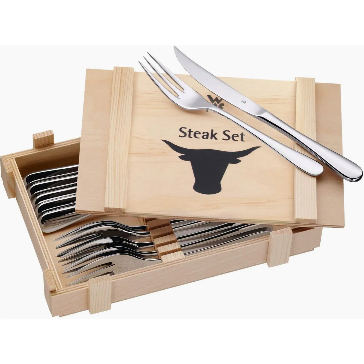 WMF Steakbesteck, 12-teilig, Cromargan Edelstahl Rostfrei 18/10, inkl. Holzkiste — elegant, langlebig, spülmaschinengeeignet