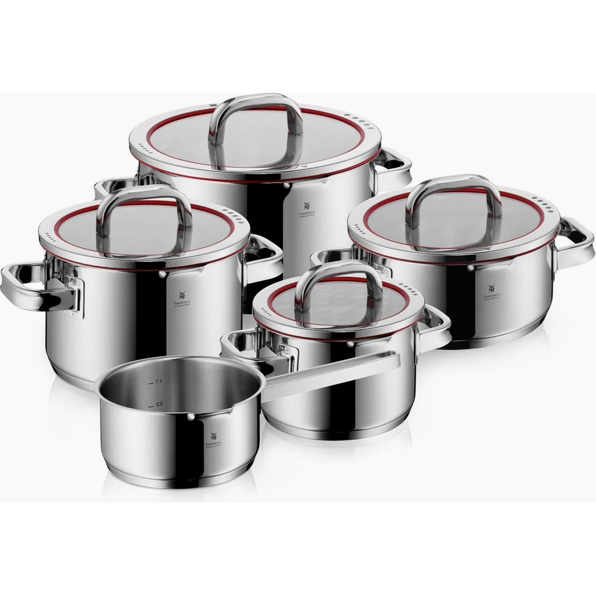 WMF Topf-Set Function 4, Glasdeckel mit Abgießfunktionen, Cromargan Edelstahl — vielseitig, langlebig, für alle Herdarten